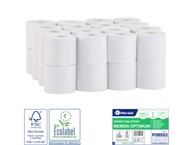 Papier toaletowy MERIDA OPTIMUM, biały, średnica 11 cm, długość 50 m, dwuwarstwowy, worek 32 szt., ECOLABEL